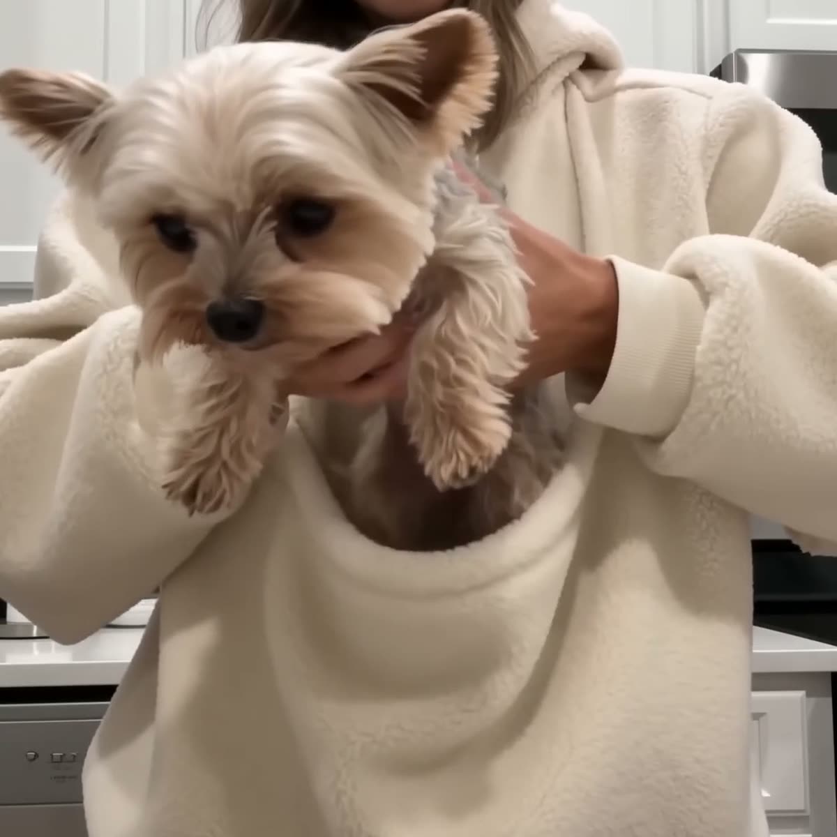 Pouch held open as a small dog climbs in
