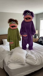Jumping on the bed in monster onesies (AI visualisation)