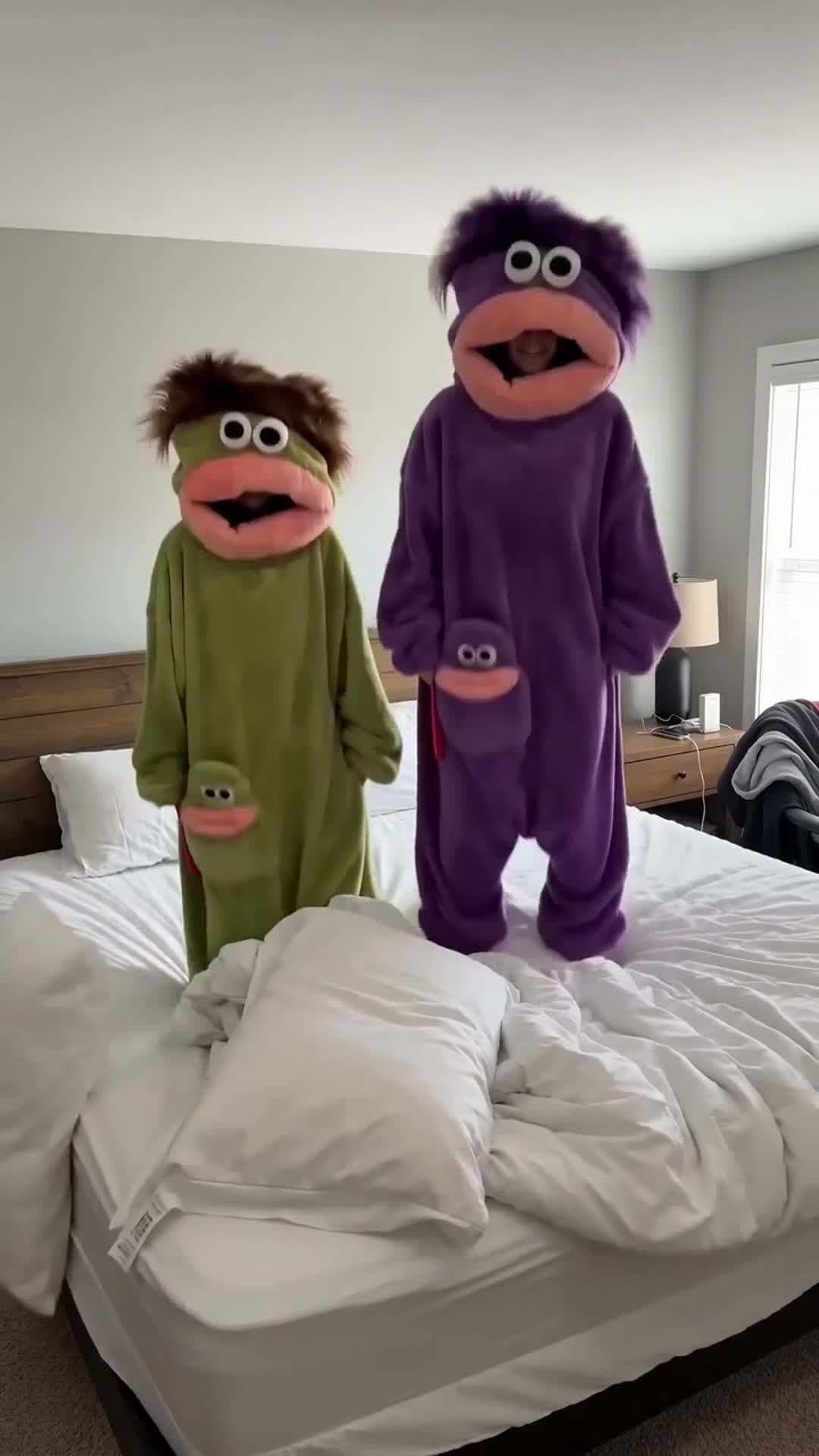 Jumping on the bed in monster onesies (AI visualisation)
