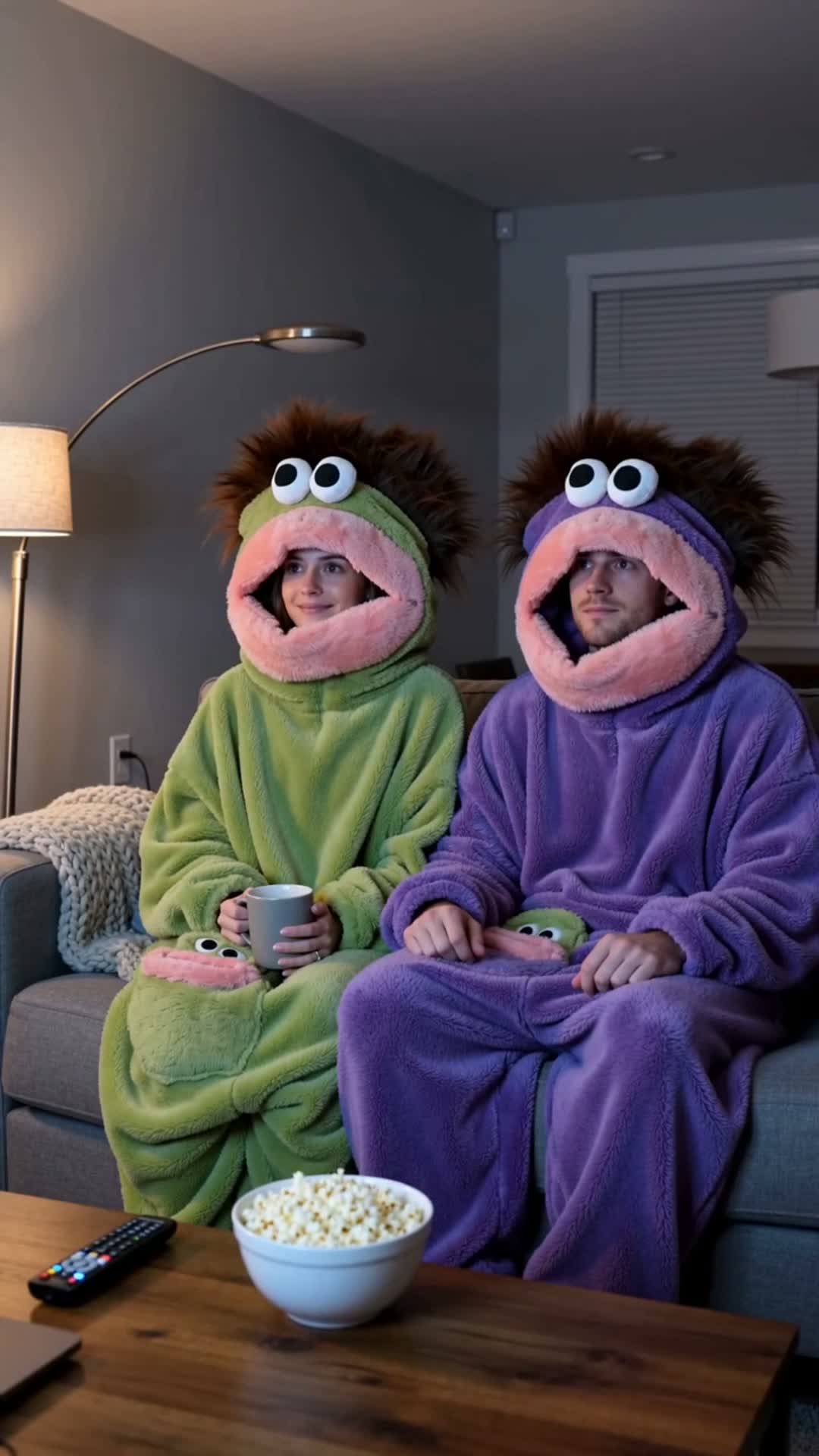 Two monster onesies on the sofa (AI visualisation)