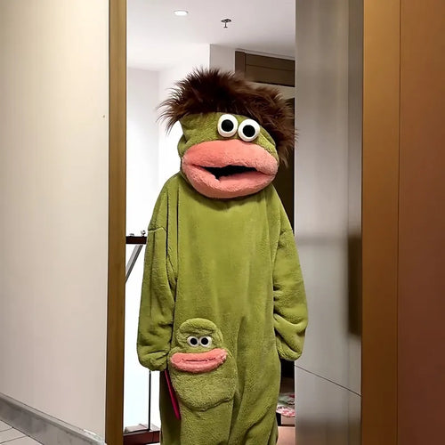 Monster onesie worn at home, hood up, maker's photo