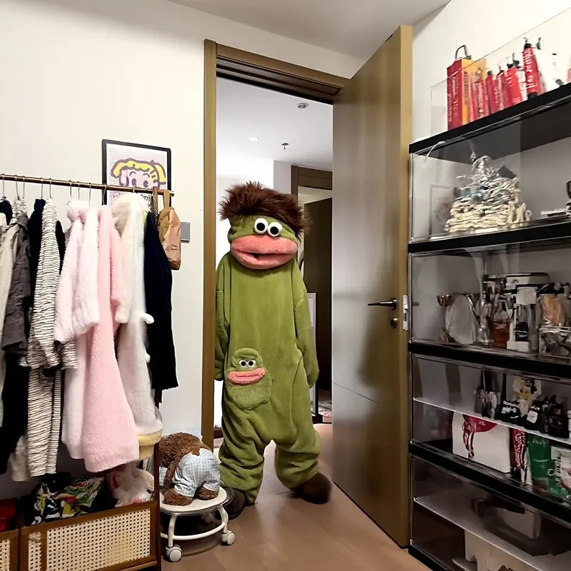 Monster onesie in the closet doorway, maker's photo