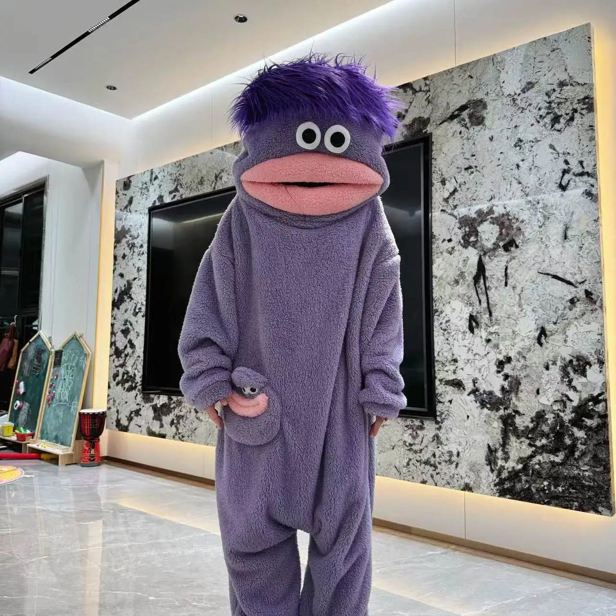 Purple monster onesie, maker's photo